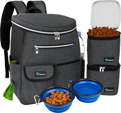 Dog Travel Bag Backpack | Backpack Organizer with Poop Bag Dispenser, Multi-Function Pocket, Food Container Bag, Collapsible Bowl | Weekend Pet Travel Set for Hiking Overnight Camping Road Trip