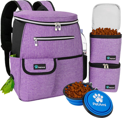 Dog Travel Bag Backpack, Airline Approved Dog Bags for Traveling, Puppy Diaper Bag Supplies, Pet Camping Essentials Hiking Accessories Dog Mom Gift, Food Container, Collapsible Bowls, Purple